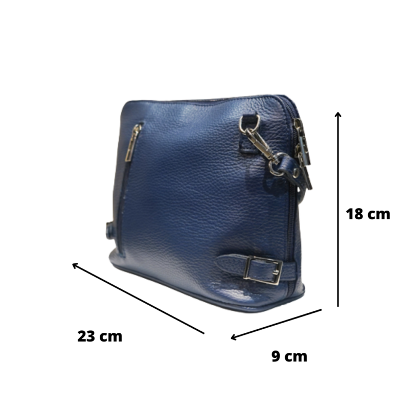 Dimensions petit sac à main en cuir vachette grainé bleu Dimensions : Hauteur : 18 cm Longueur : 23 cm Largeur : 9 cm
