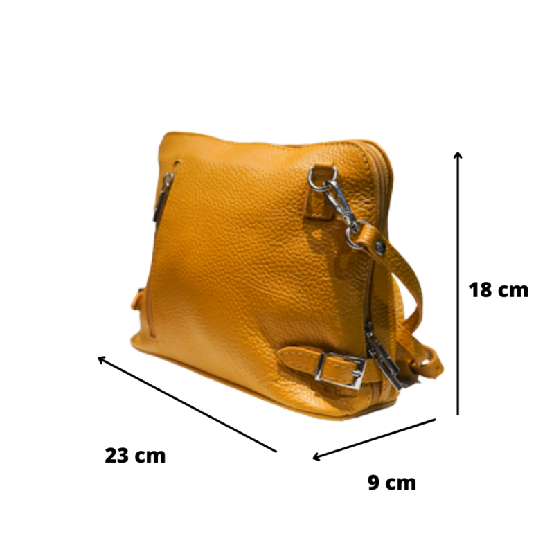 Dimensions petit sac à main en cuir vachette grainé jaune moutarde Dimensions : Hauteur : 18 cm Longueur : 23 cm Largeur : 9 cm