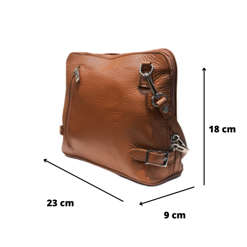 Dimensions du petit sac à main en cuir vachette grainé marron clair Dimensions : Hauteur : 18 cm Longueur : 23 cm Largeur : 9 cm