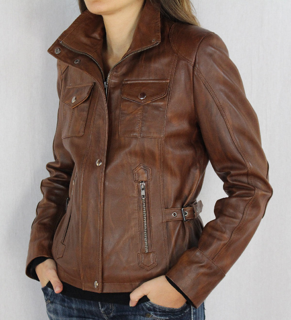 Blouson pour femme en cuir agneau marron marbré tina Vêtements
