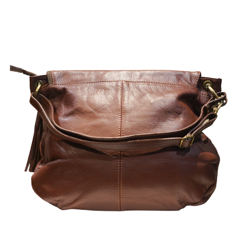 sac à main en cuir vachette marron clair avec rabat vu de dos