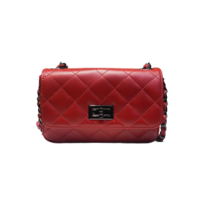 Sac à main en cuir vachette rouge avec surpiqures et bandoulière chainette vu de face