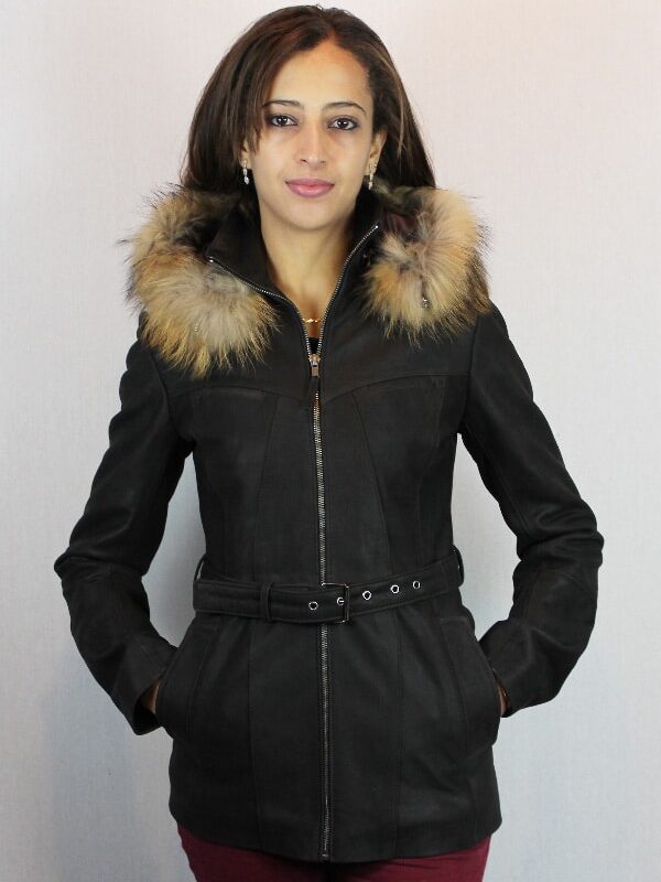 Veste cuir nubuck pour femme avec capuche amovible