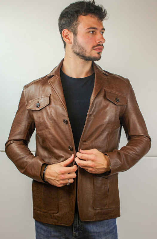 Veste demi-longueur en cuir marron pour homme