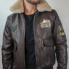 Blouson "Aviateur" en Cuir Marron avec écussons Homme