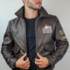 Blouson "Aviateur" en Cuir Marron avec écussons Homme – Image 3