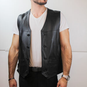gilet en cuir noir wolfgang pour homme ouvert de face