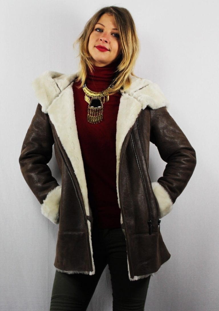 Veste en mouton retourné marron vieillie pour femme