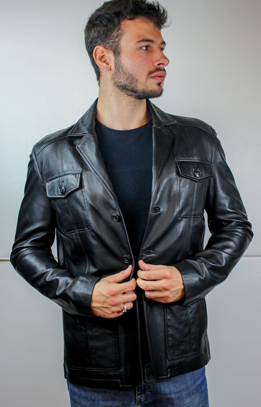 Veste demi-longueur en cuir noir pour homme