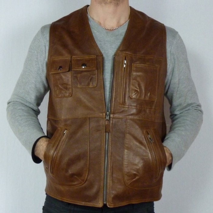 Gilet En Cuir Marron Pour Homme - Fermeture Boucles Métal - Poches Intérieures - Taille XXL - Style Moto/Vintage