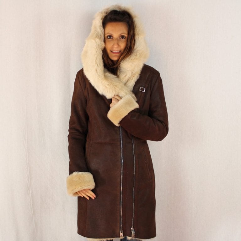 3/4 femme en peau de mouton retourne/peau lainee femme 3/4 pour femme en peau retournee marron