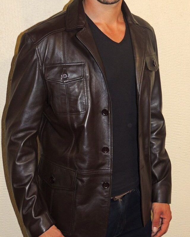 Veste demi-longueur en cuir marron foncé pour homme